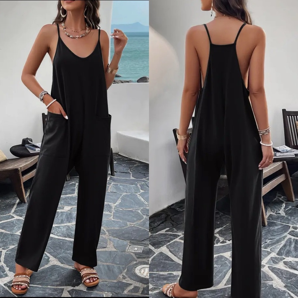 Plain V-Neck Loose Pocket Cami Jumpsuit